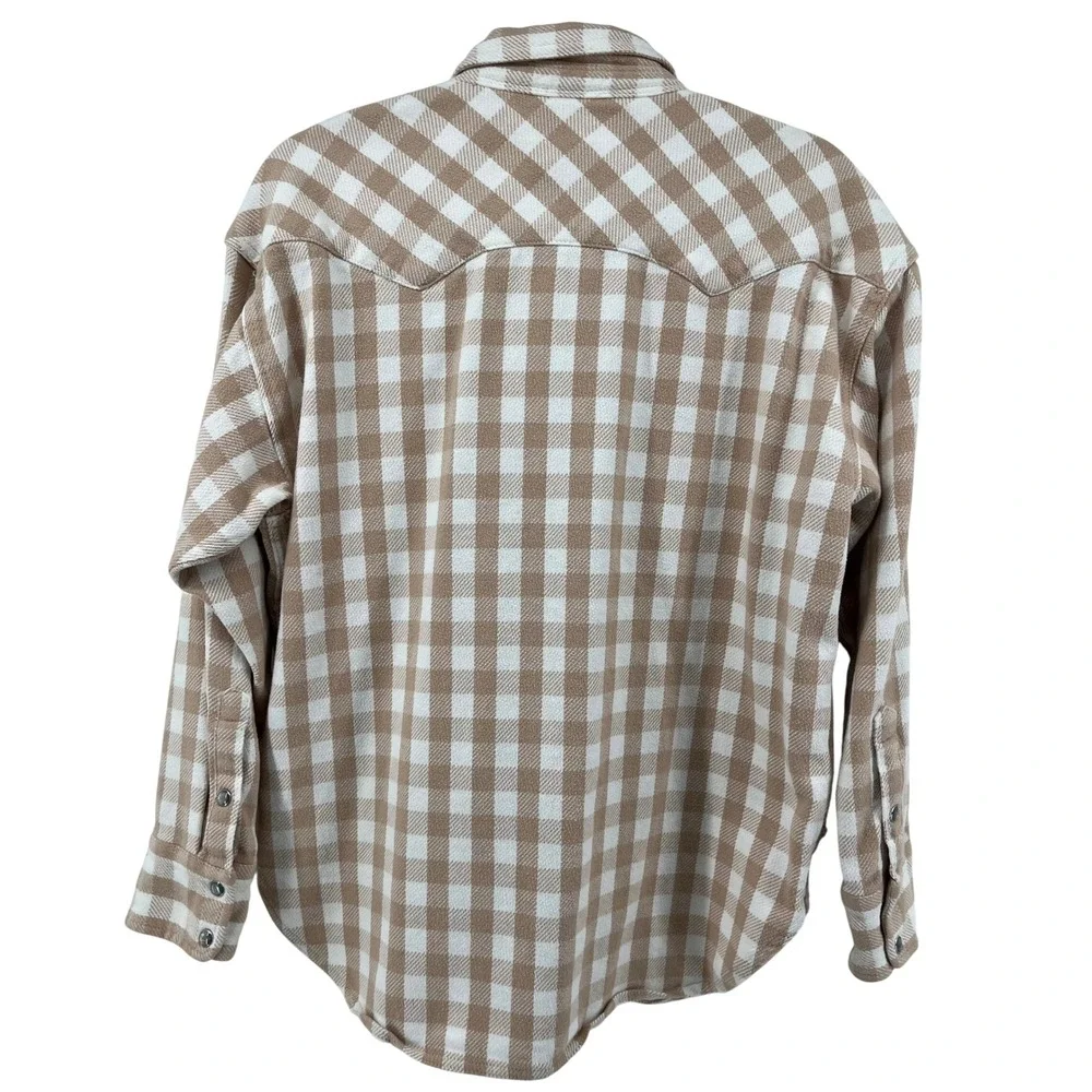 J Crew Relaxed Fit Plaid Flannel Western Pearl Snap Shirt S‎ Tan White S Shacket